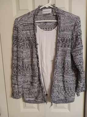 Alfred Dunner Black & White Open-Front Knit Cardigan
